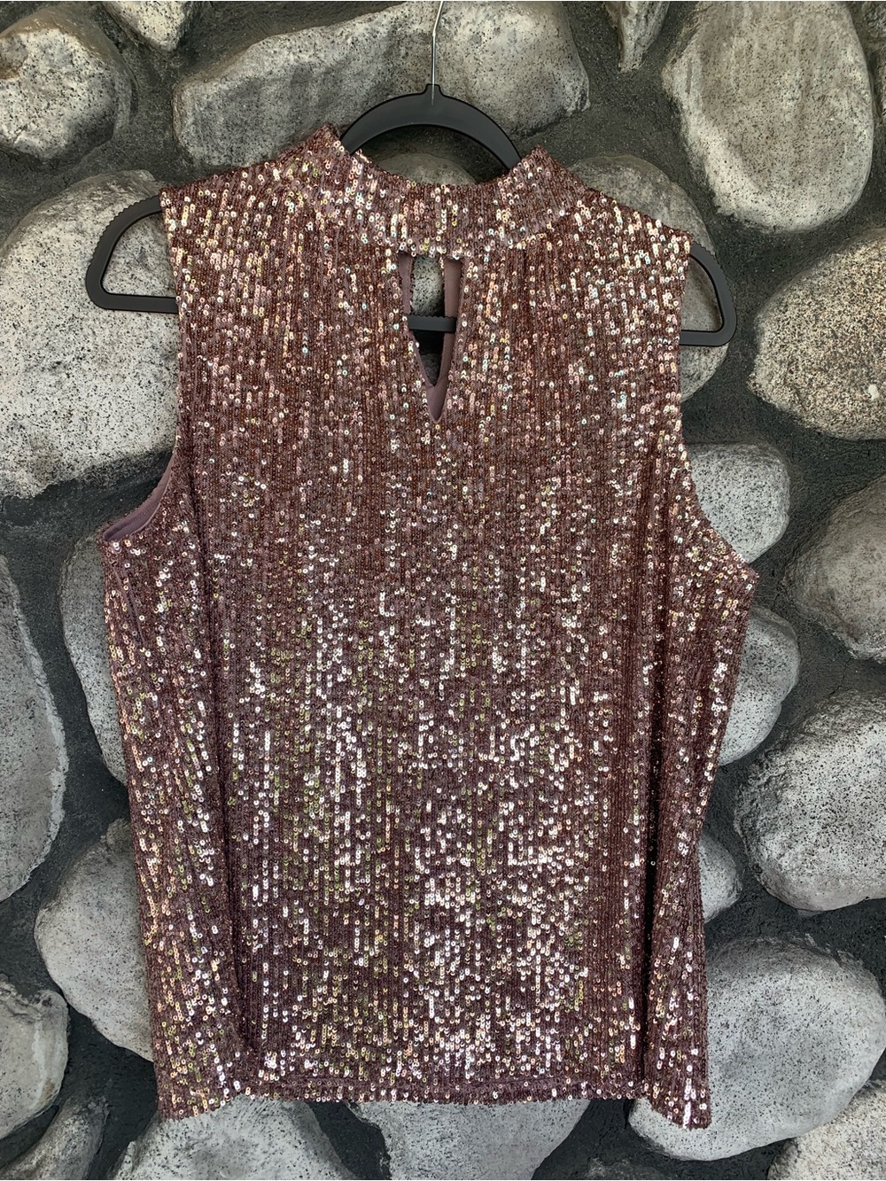 Cable & Gauge Rose Gold Sequin Keyhole Front Sleeveless Top